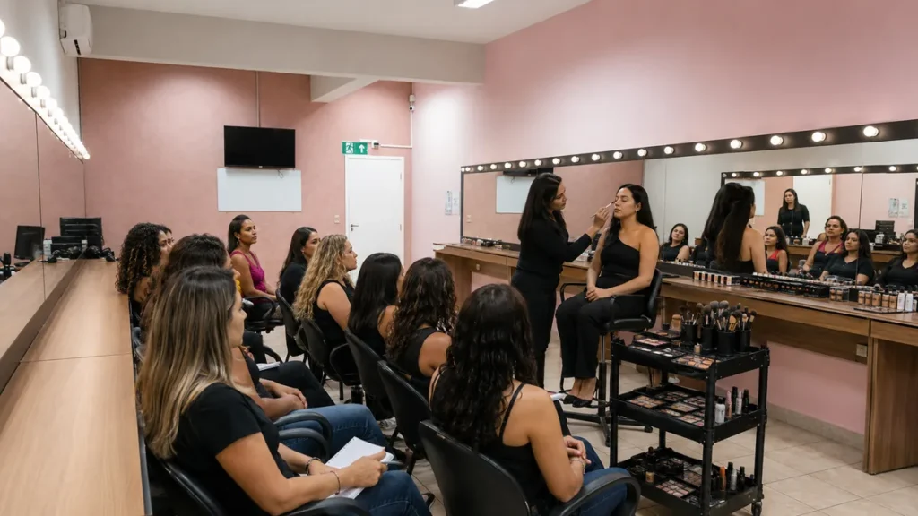 Aula prática de maquiagem na Flex Cursos